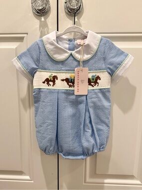 Smocked Blue Gingham Baby Boy Bubble